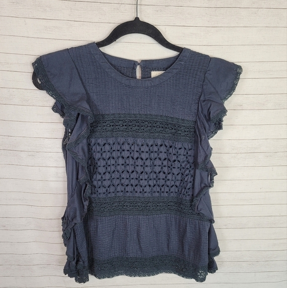 DENIM & SUPPLY NAVY BLIE SHORT SLEEVE TIERED RUFFLE TOP, SZ MEDIUM - Picture 2 of 7